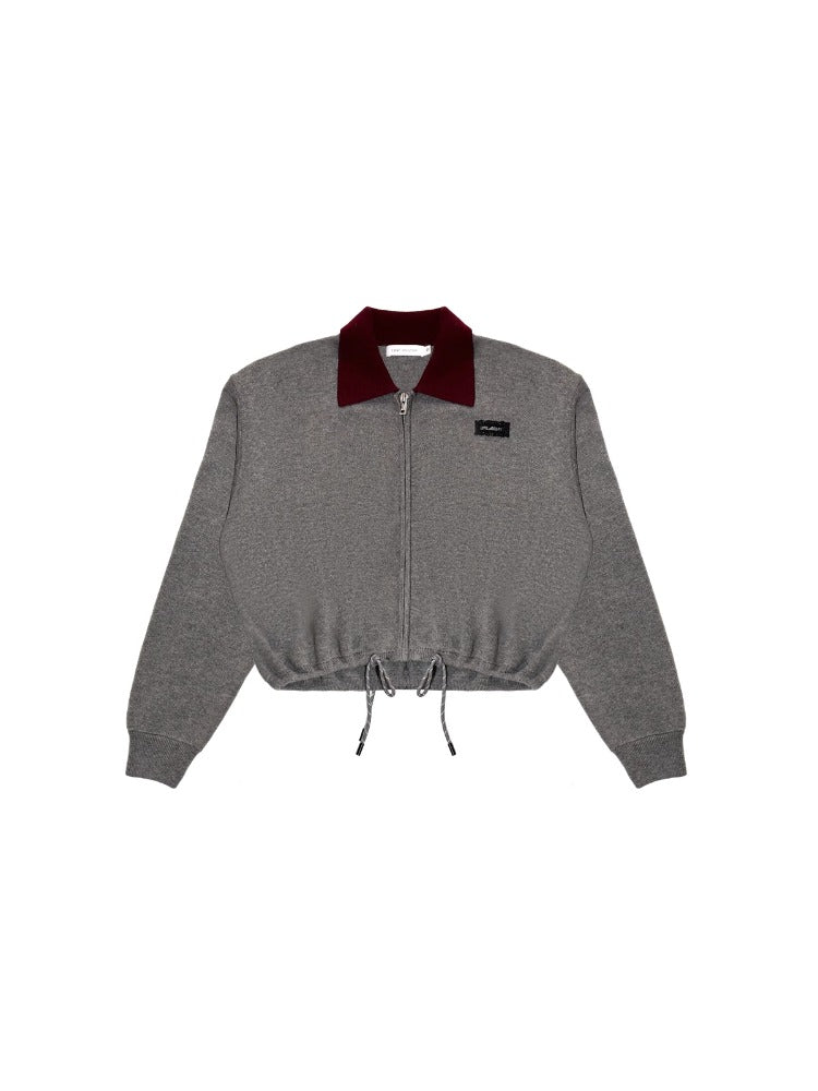 Color-Block Polo Collar Wool Knit Cardigan