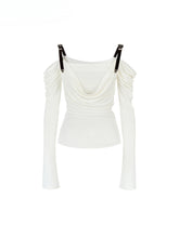 Draped Neck Leather Strap Acetate One-shoulder T-shirt - CHINASQUAD
