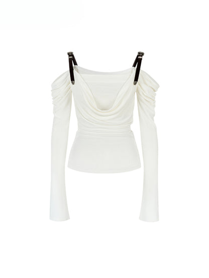 Draped Neck Leather Strap Acetate One-shoulder T-shirt - CHINASQUAD