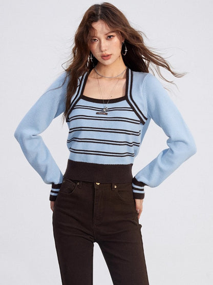 Vintage Square-Neck Layered Knit Blouse