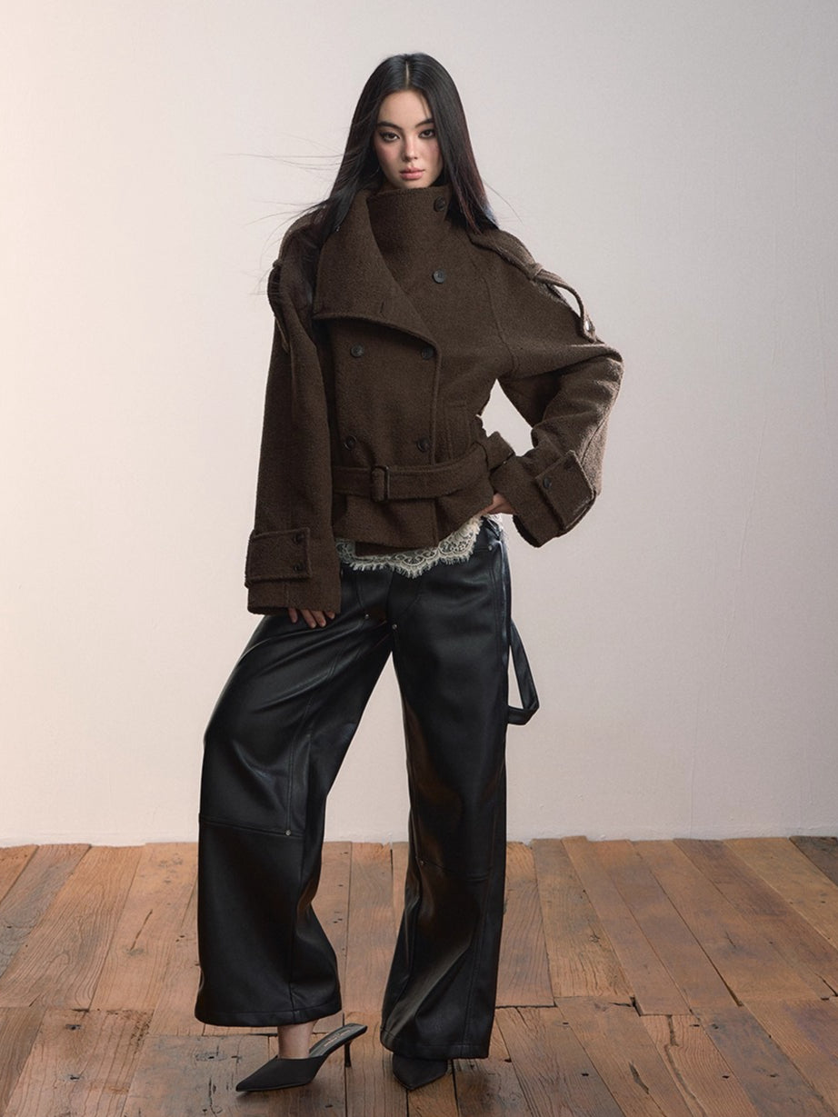 Contrast Double-Breasted Wool-Blend Belted Jacket