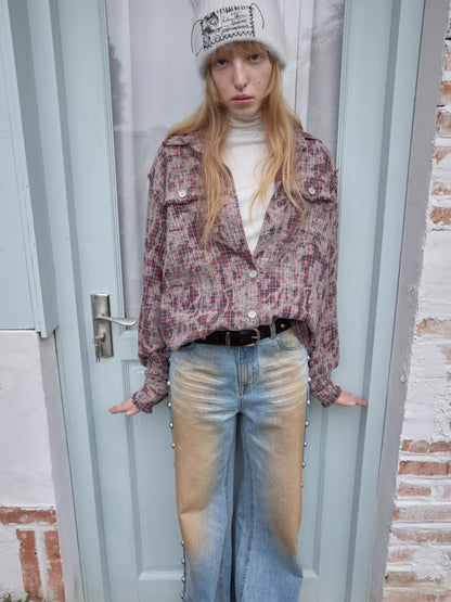 Washed Plaid Frayed-Edge Fitted Shirt