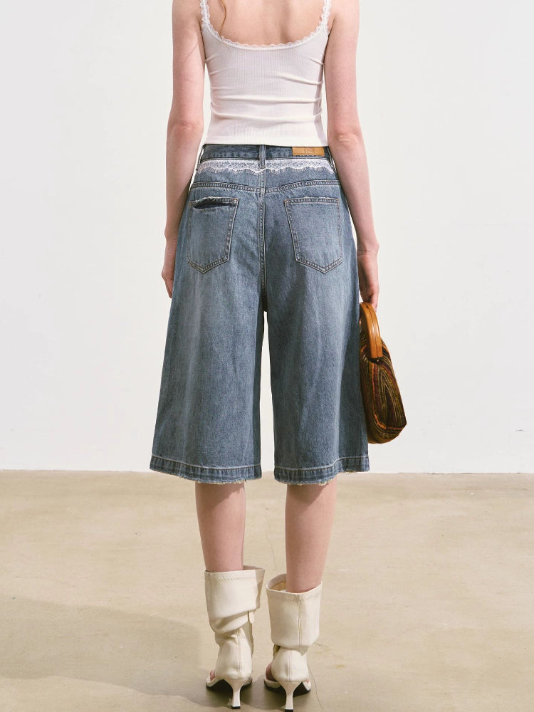 Imitation-Lace Printed High-Waist Denim Mid-Length Pants