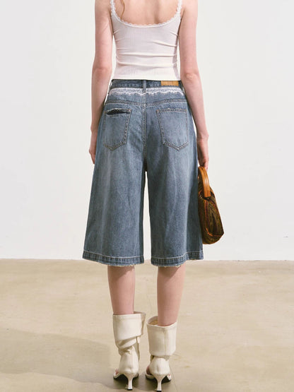 Imitation-Lace Printed High-Waist Denim Mid-Length Pants