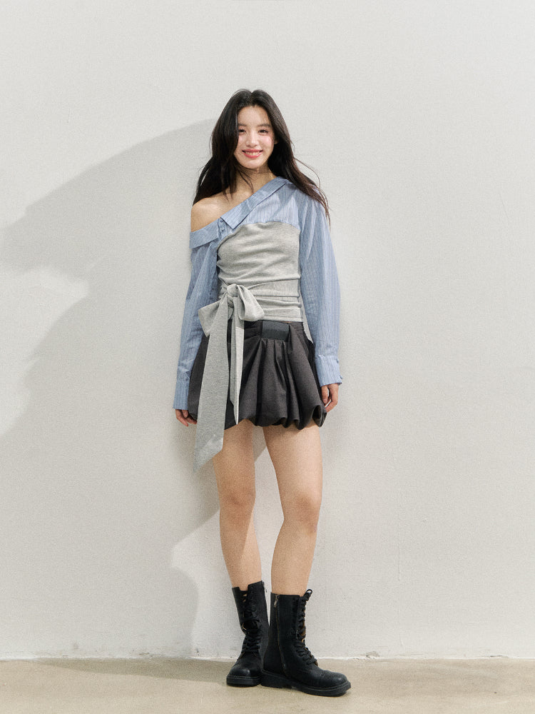Asymmetric Shoulder Fake Two-Piece Striped Patchwork Blouse