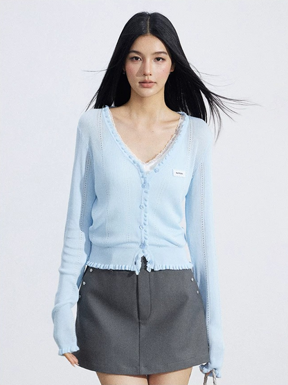 Sheer Lace-Trim Breathable Knit Sun Protection Cardigan