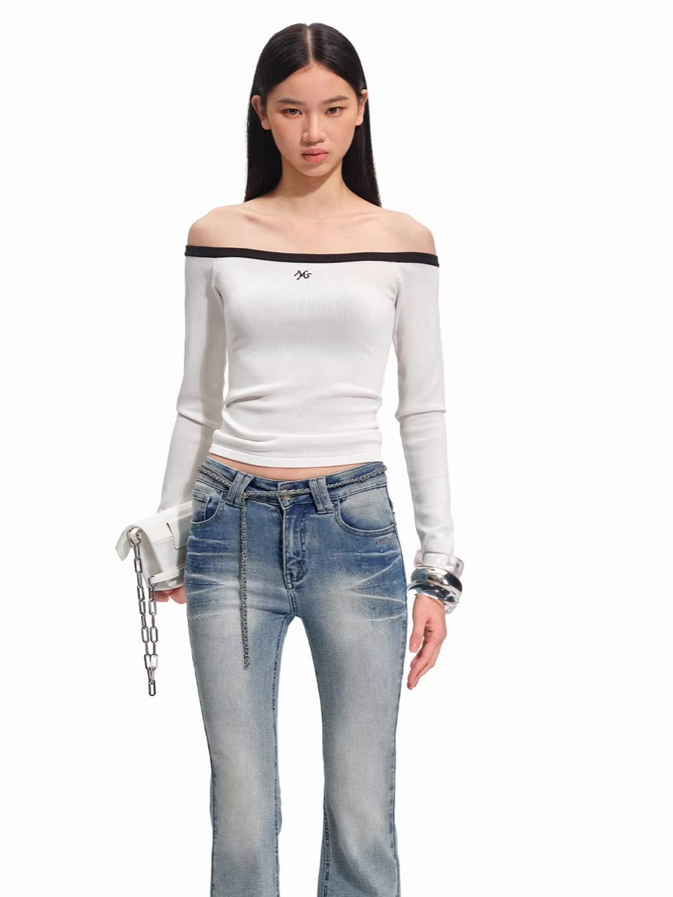 Kelly Off-Shoulder Contrast Knit Crewneck