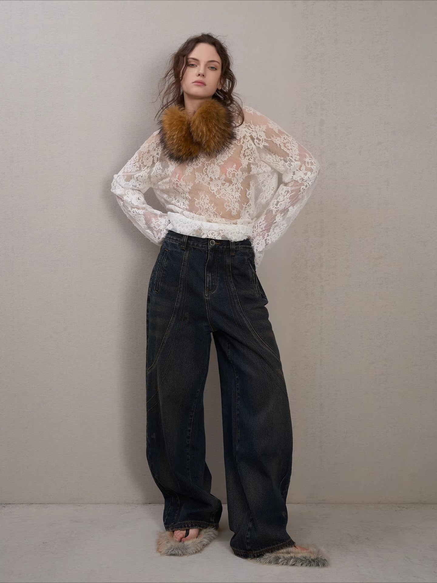 Vintage Washed Panelled Fleece-Lined Denim Pants