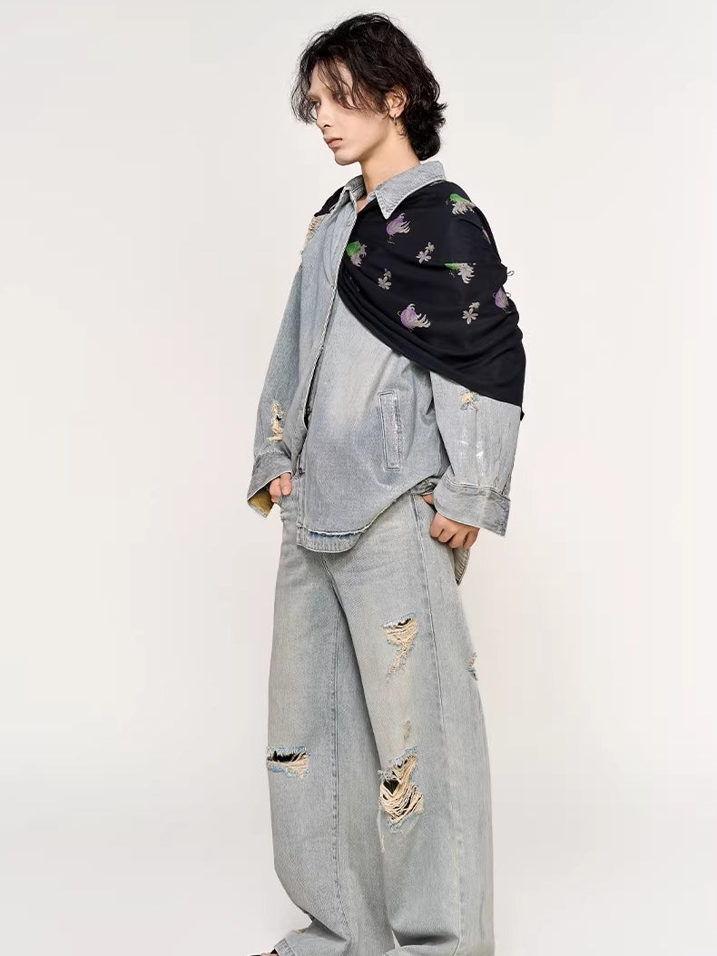 Silver-Foil Raw-Edge Oversized Denim Shirt