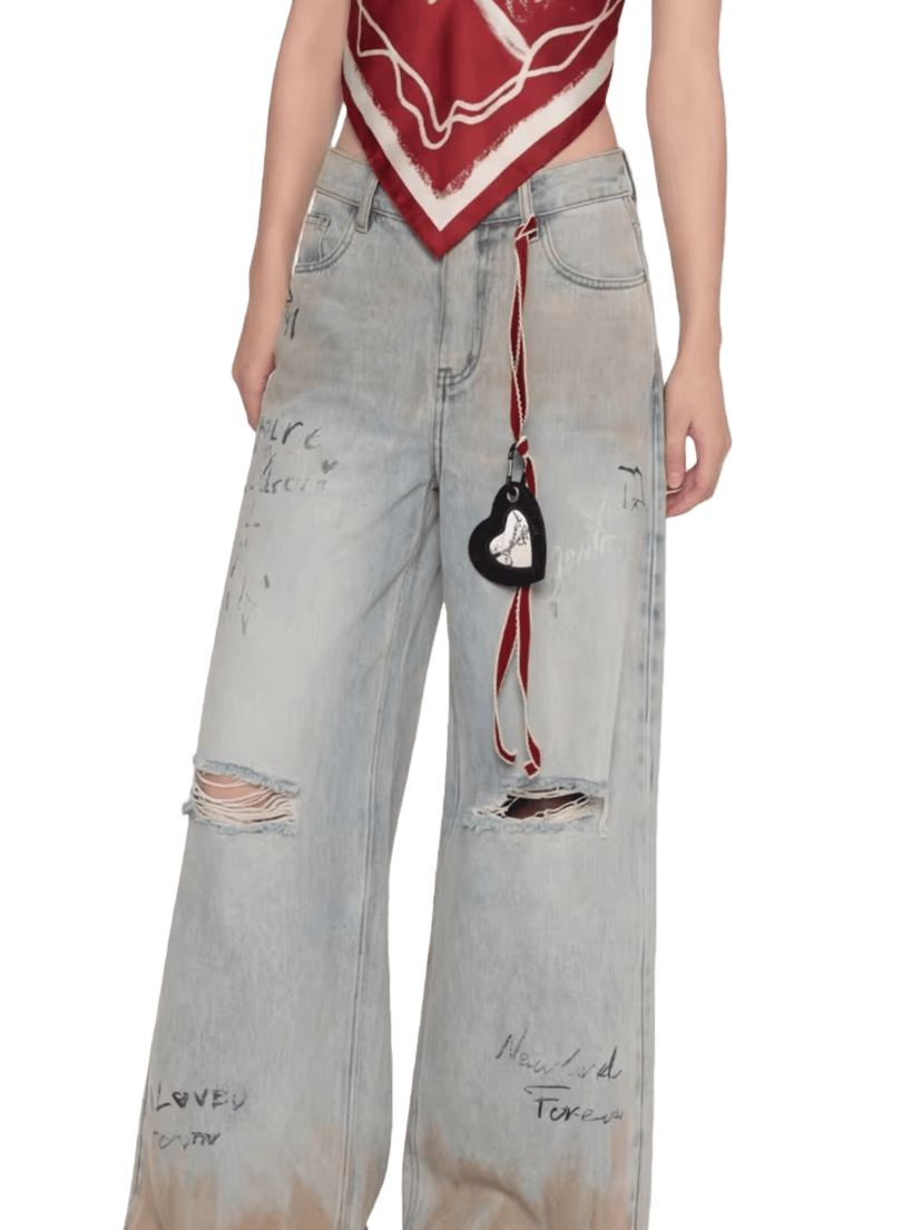 Graffiti Spray-Wash Wide-Leg Denim Jeans