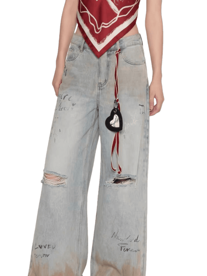 Graffiti Spray-Wash Wide-Leg Denim Jeans
