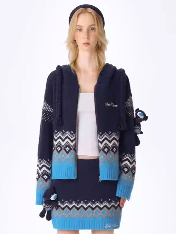 Contrast Zip-Up Hooded Knit Cardigan