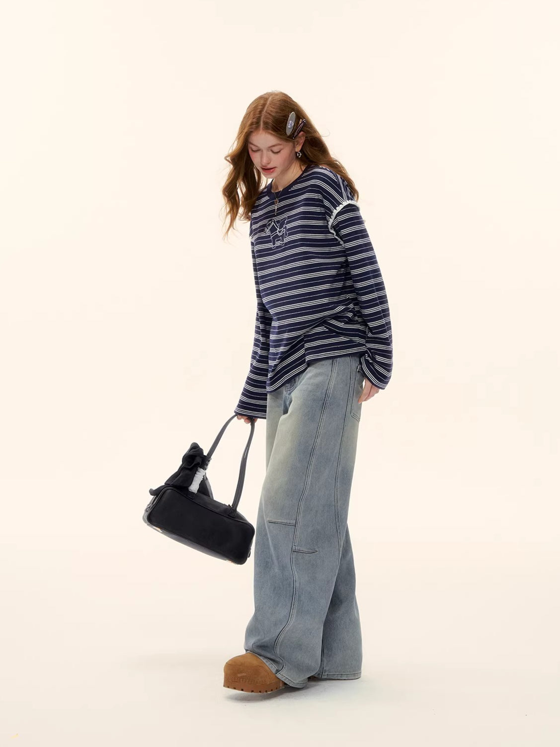 Vintage Washed Curved-Leg Denim Pants