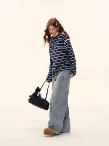 Vintage Washed Curved-Leg Denim Pants