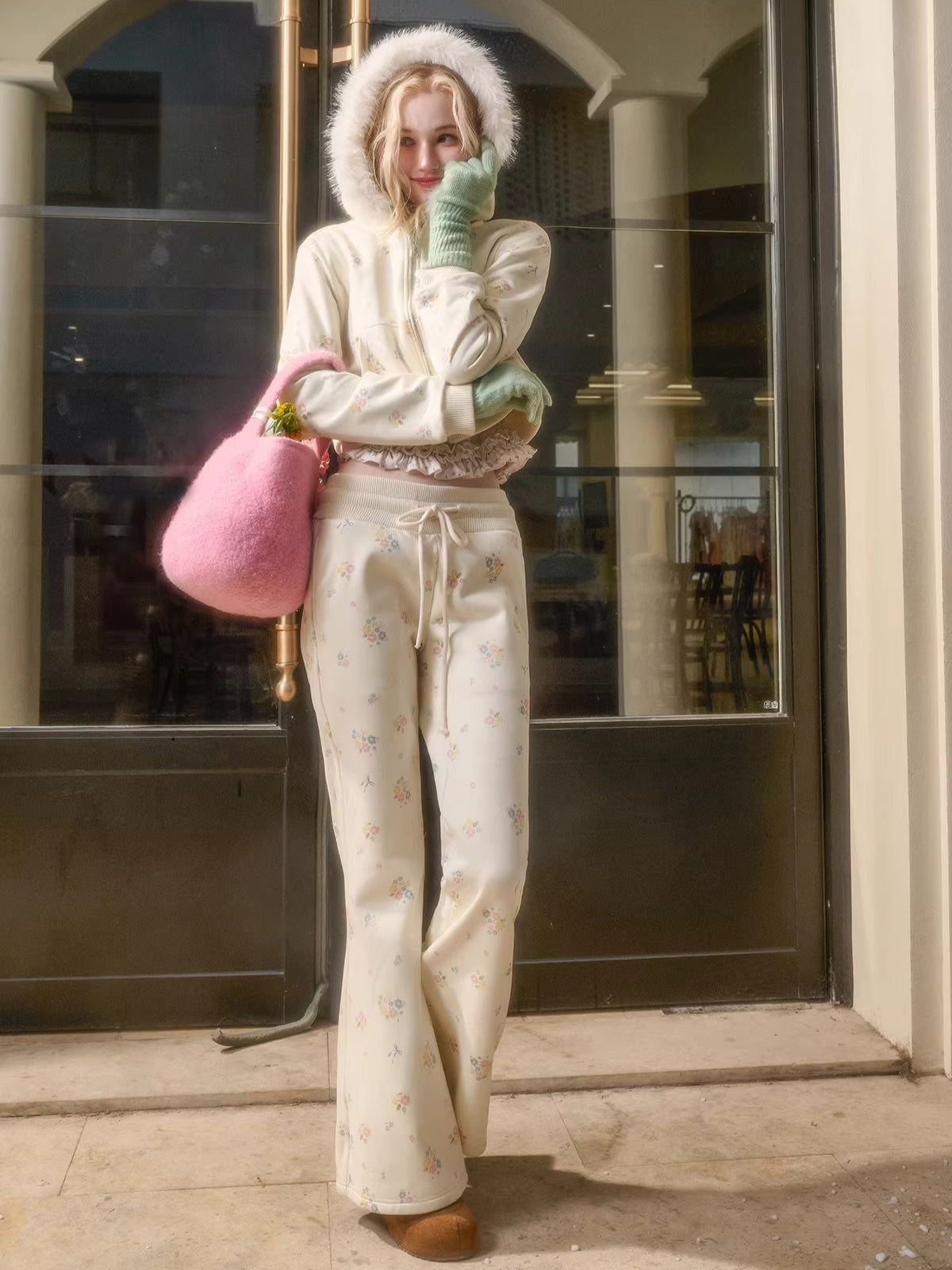 Floral-Trim Hoodie Jacket Set