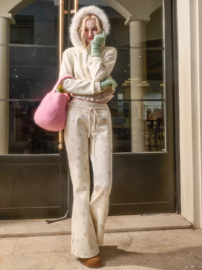 Floral-Trim Hoodie Jacket Set