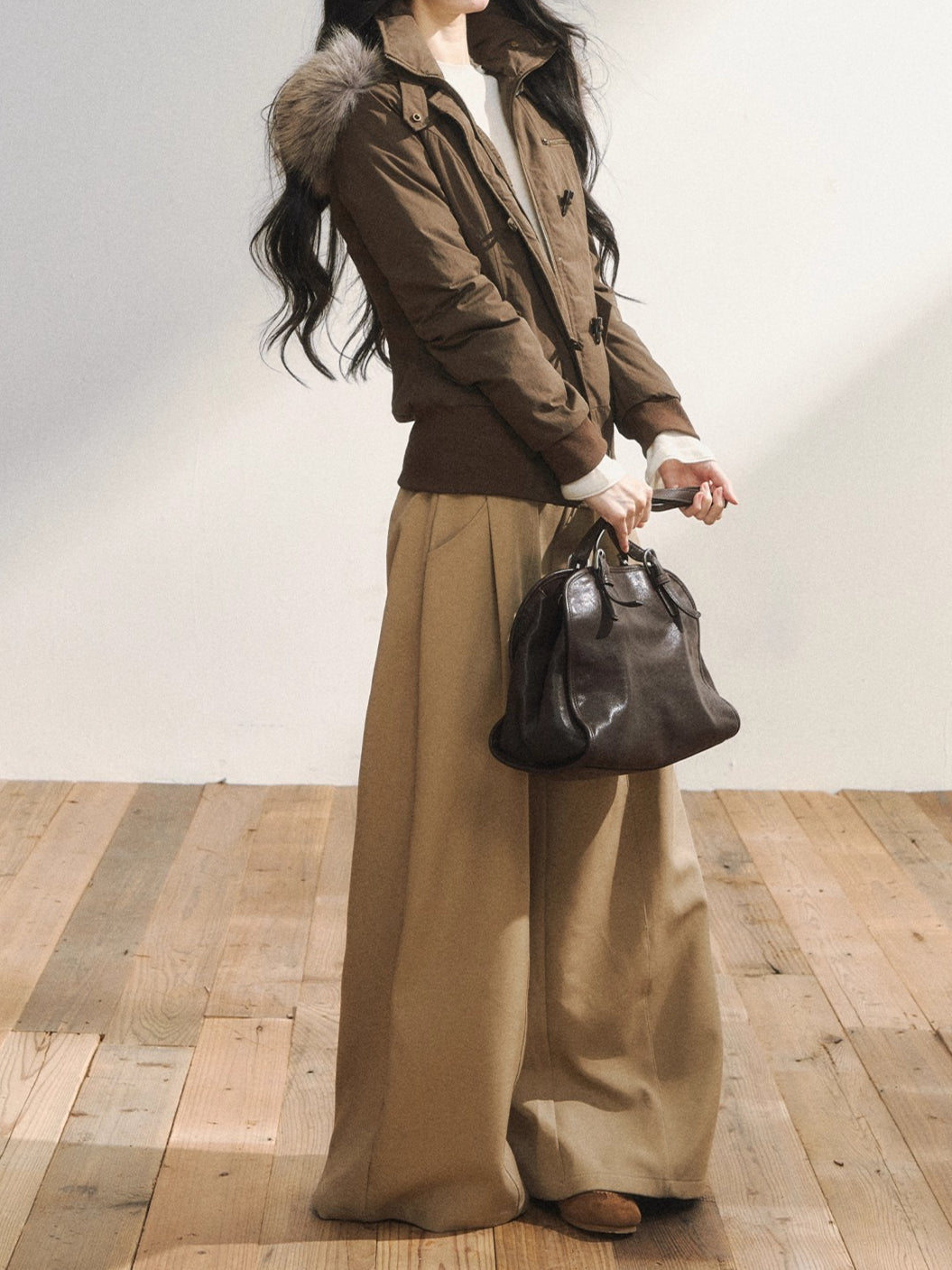 Khaki Tailored Low-Waist Wide-Leg Trousers