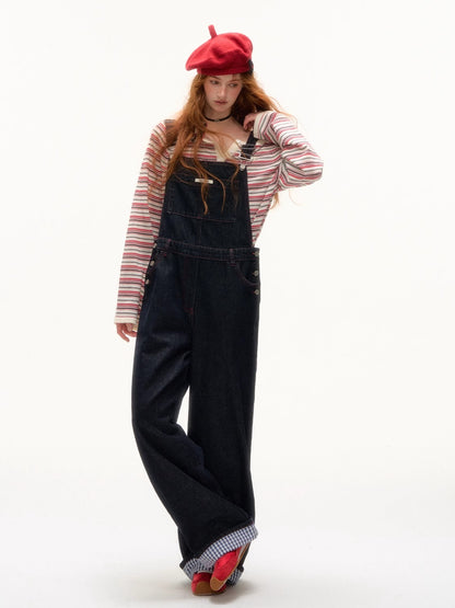 Raw Denim Wide-Leg Overalls with Red Stitching