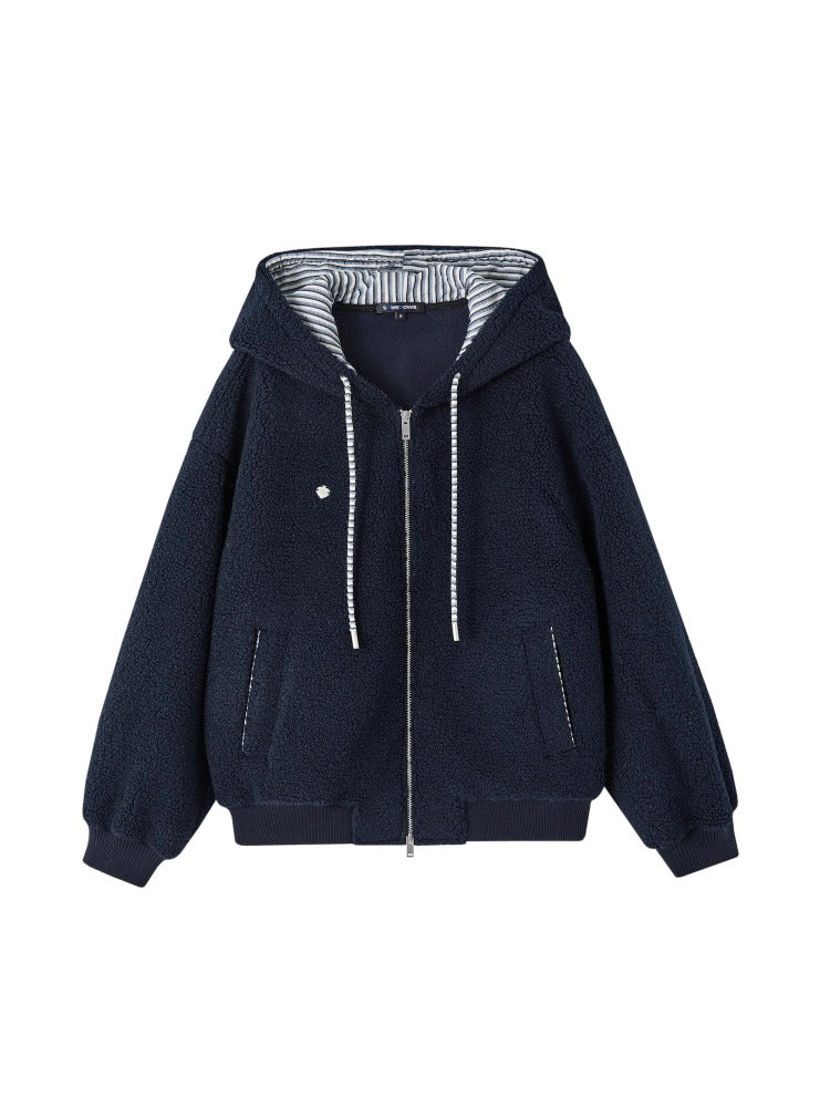 Striped Contrast Fleece Hooded Jacket