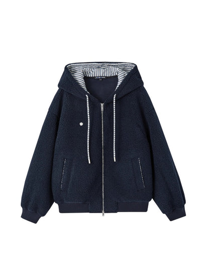 Striped Contrast Fleece Hooded Jacket