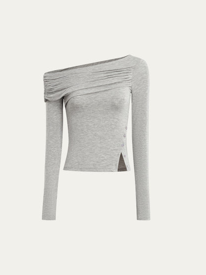 Asymmetric Shoulder Voluminous Ruched T-Shirt - CHINASQUAD