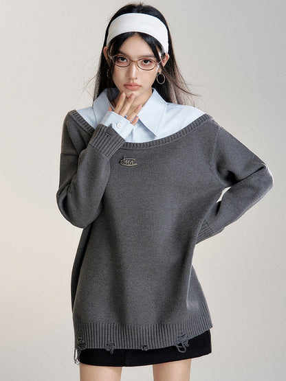 Shirt-Panel Asymmetric Knit Sweater