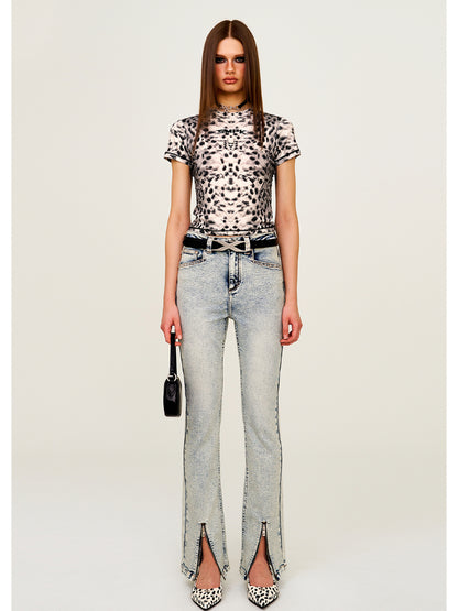 Rivet Biker Zipper Elastic Split Flare Jeans