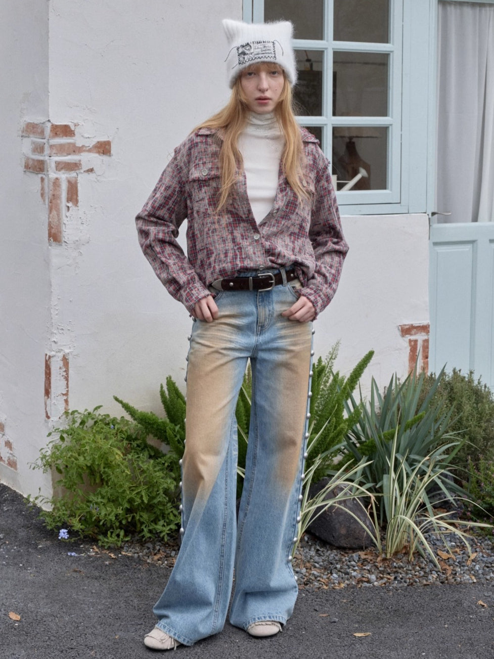 Washed Plaid Frayed-Edge Fitted Shirt