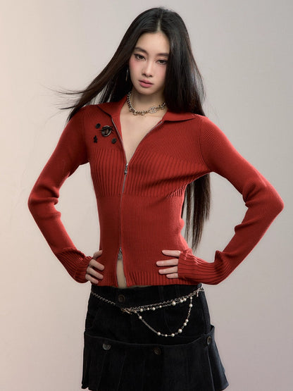 Button-Detail Zip-Up Knit Cardigan