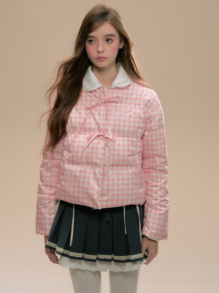 Reversible Pink Plaid &amp; White Down Jacket