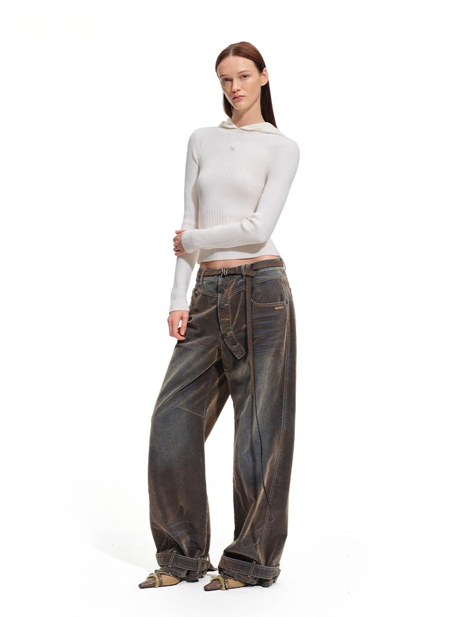 Terracotta Velvet-Washed Wide-Leg Jeans