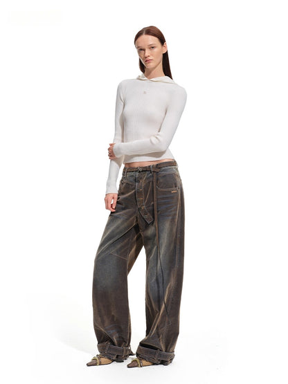 Terracotta Velvet-Washed Wide-Leg Jeans