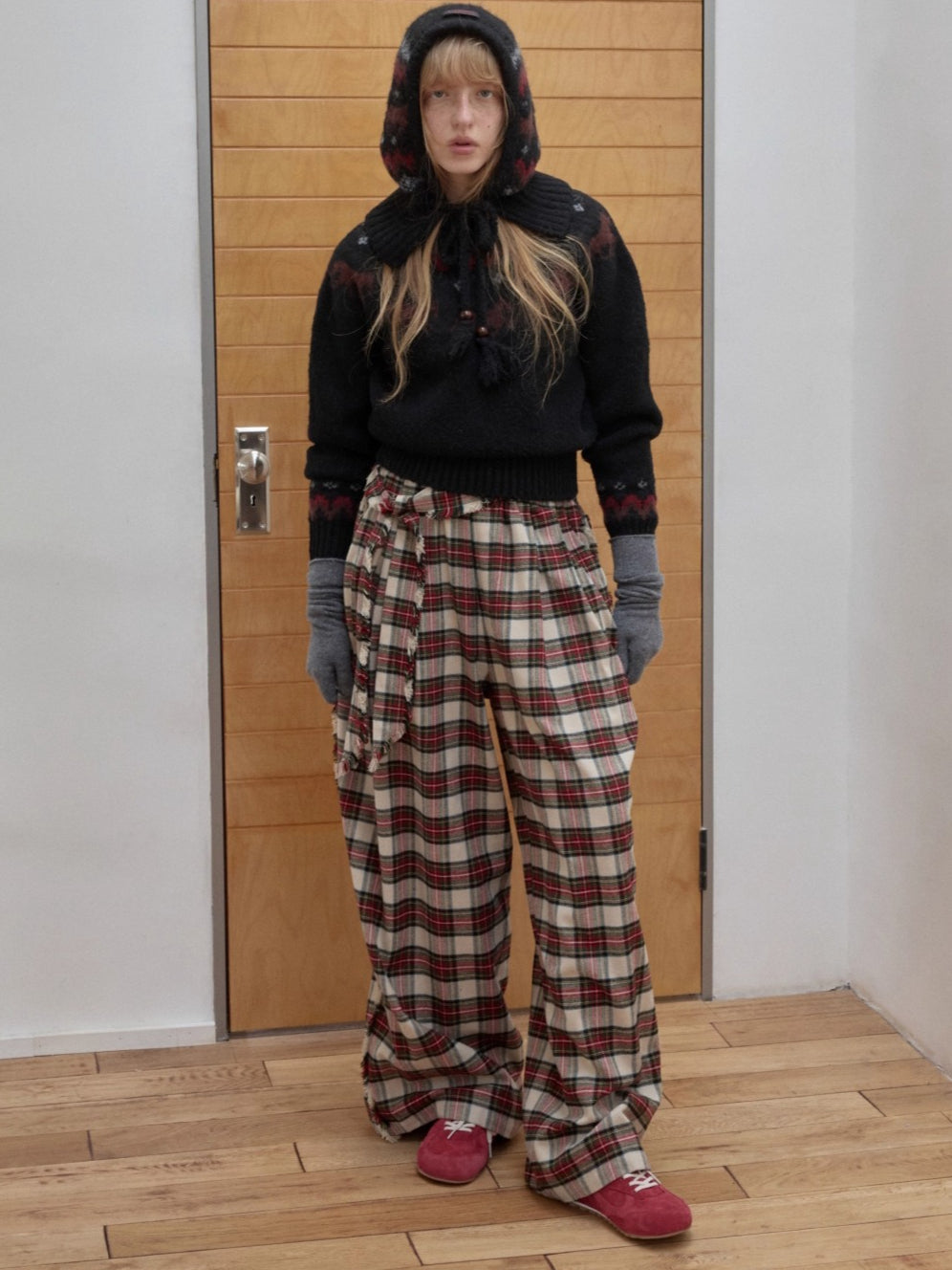 Vintage Red Plaid Brushed Cotton Wide-Leg Pants