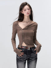 Black & Brown Buttoned Off-shoulder T-Shirt - CHINASQUAD