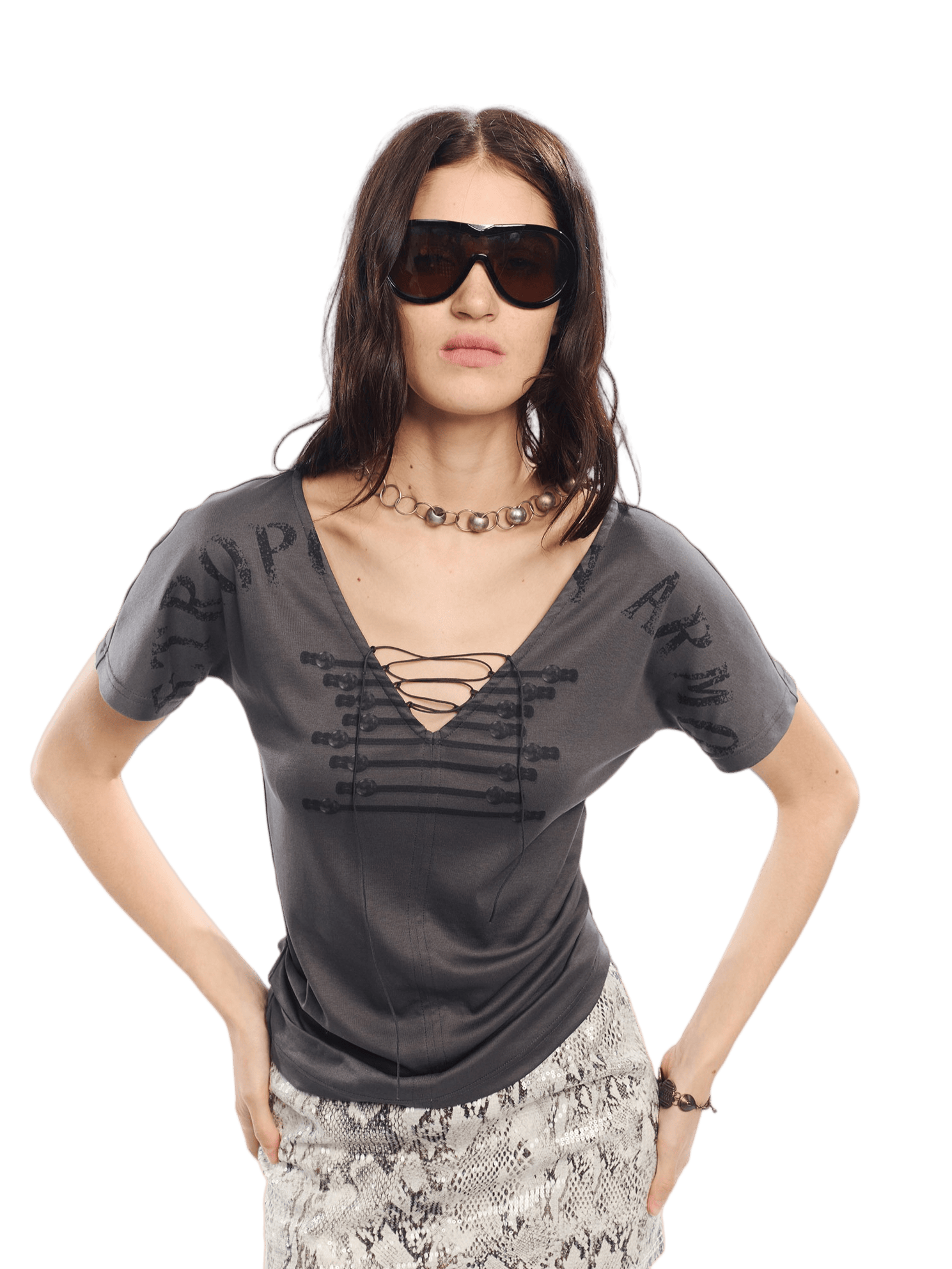 Vintage Lace-Up Graphic V-Neck Tee