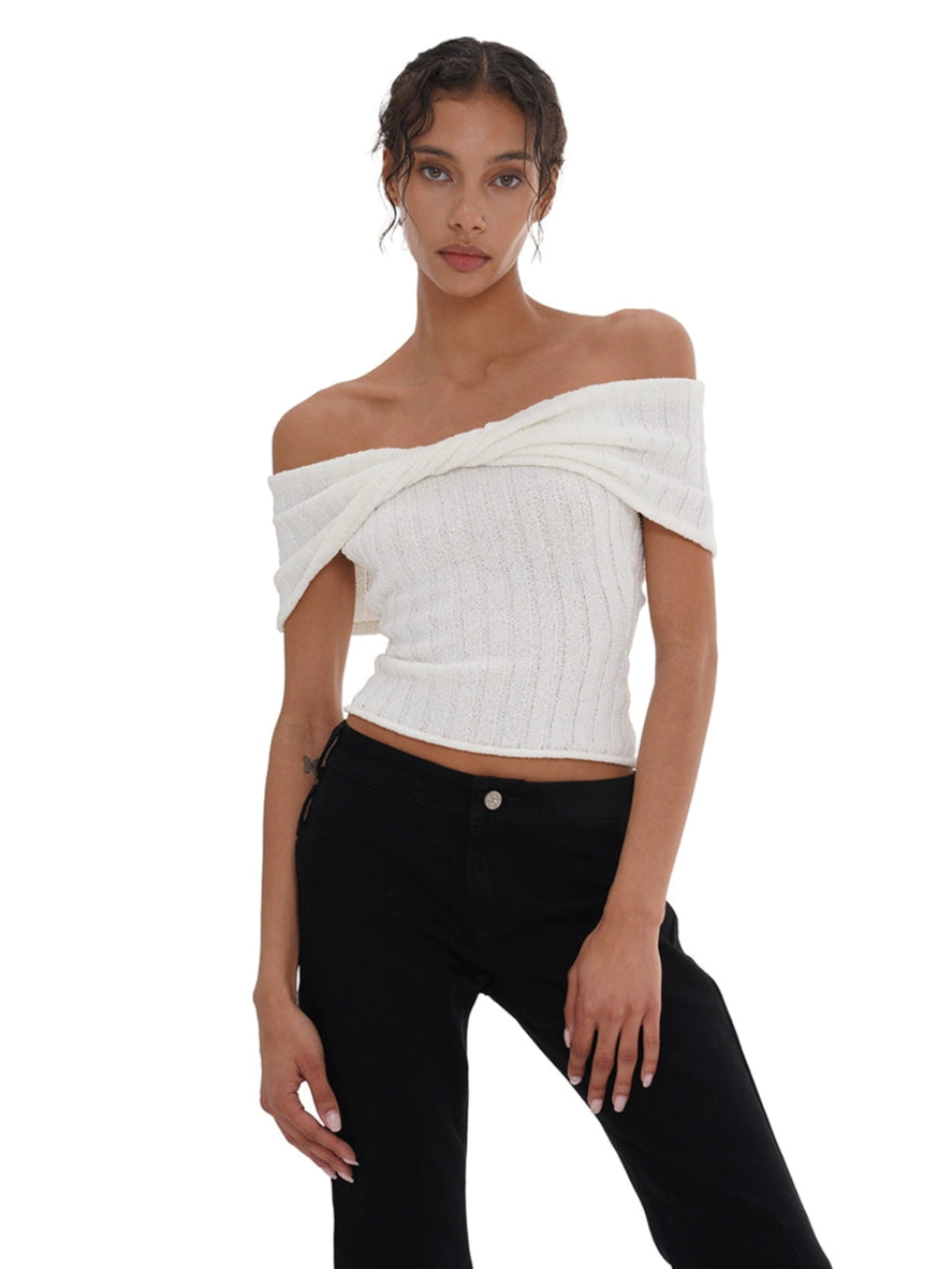 White &amp; Red Off-Shoulder Knitted Top