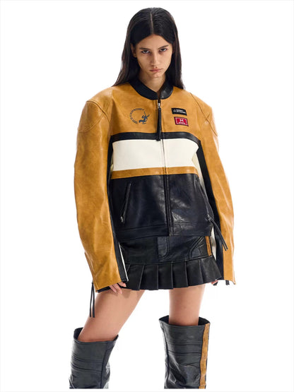 Color-Blocked Cropped Leather Sports Jacket