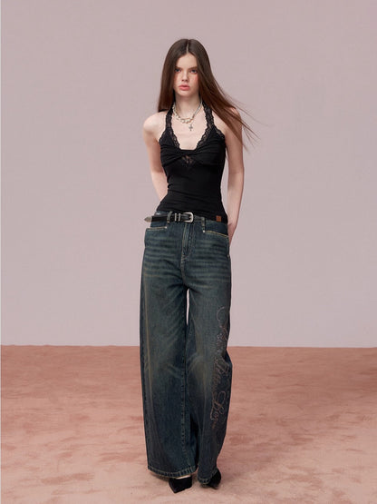 Embellished Rhinestone Vintage Wide-Leg Jeans