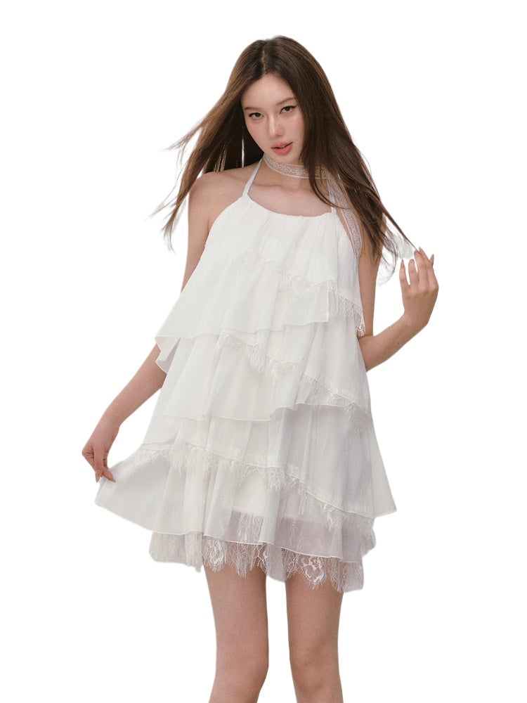 Lace-spliced Cake-style Halter Dress