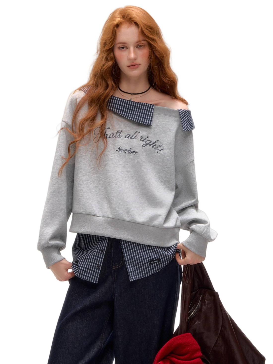 Off-Shoulder Plaid Patchwork Embroidered Sweatshirt