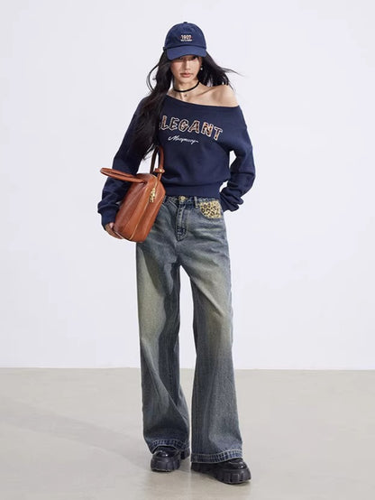 Off-Shoulder Letter-Print Cropped Sweatshirt