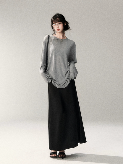 French Satin Acetate A-Line Midi Skirt
