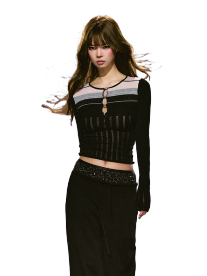 Cut-Out Contrast Knit Fitted Top
