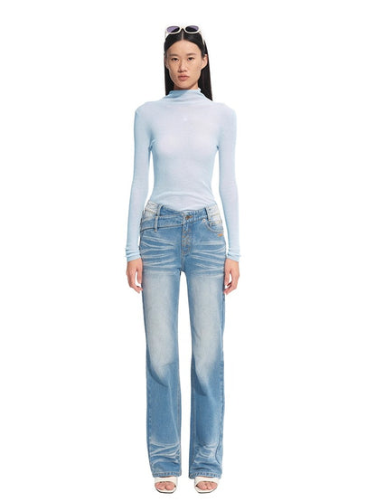 +5CM N2  Loose V-Waist Raw Denim Straight Jeans - CHINASQUAD