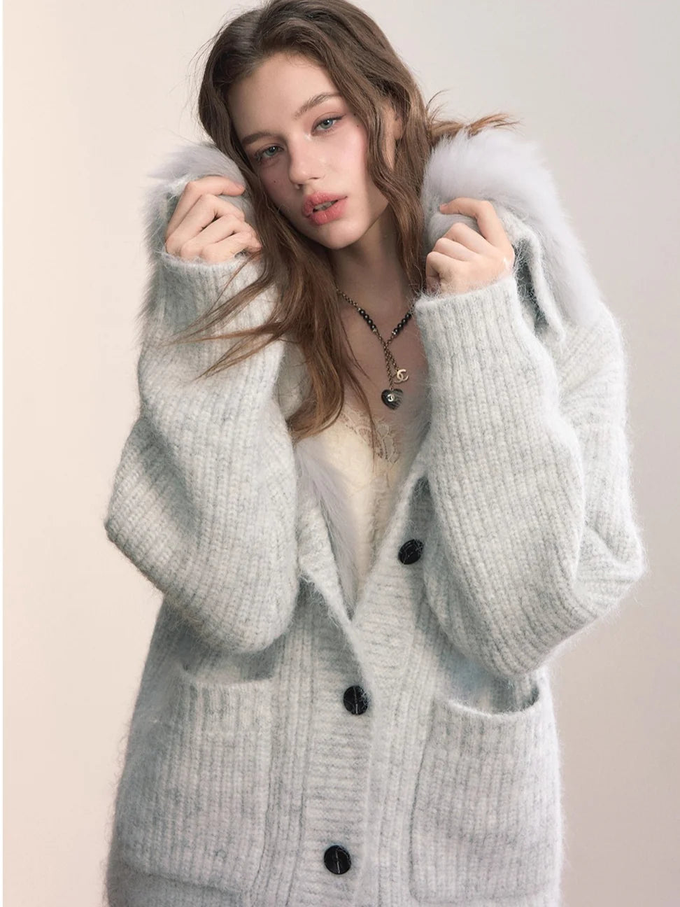 Fox Fur Collar Plush Knit Cardigan