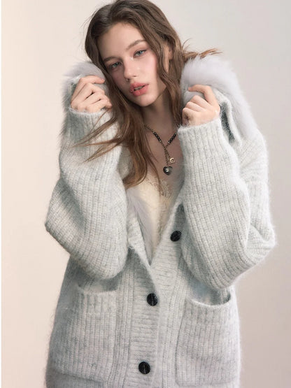 Fox Fur Collar Plush Knit Cardigan