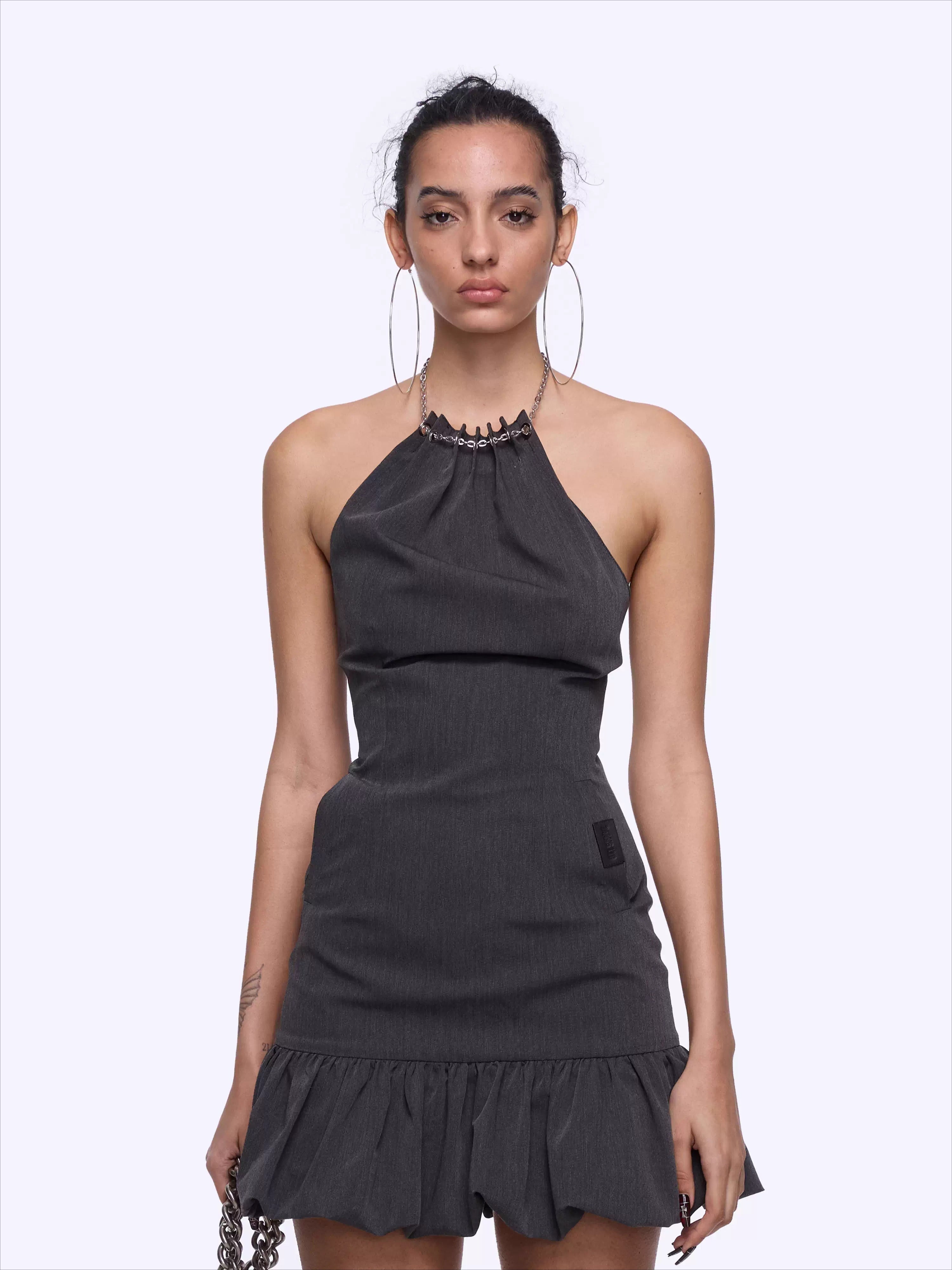 Chain Halter Bubble-Waist Mini Dress