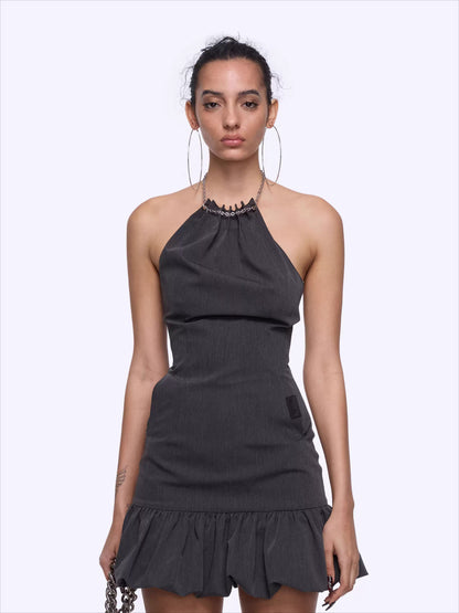 Chain Halter Bubble-Waist Mini Dress