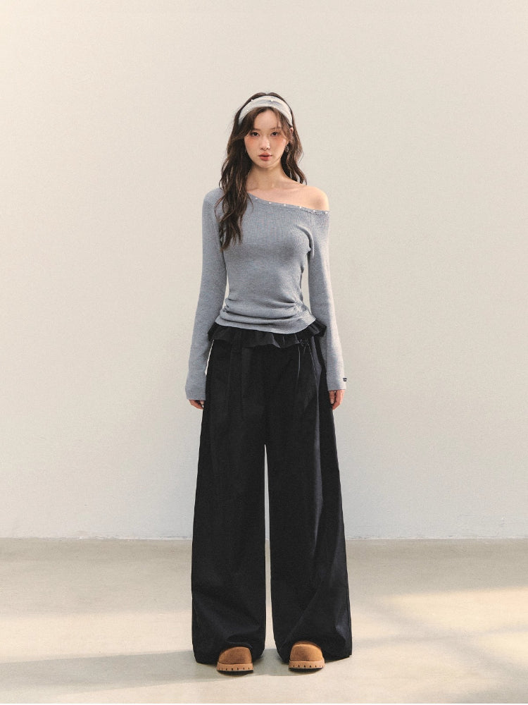 Pearl Decorated Waist-Cinched Knitted Crewneck