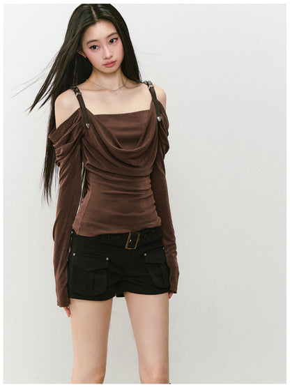 Draped Neck Leather Strap Acetate One-shoulder T-shirt - CHINASQUAD